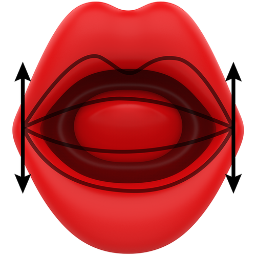 Schema stylise de la bouche rouge du stimulateur Sicilia avec fleches de mouvement, illustrant l'amplitude de la langue souple et des levres en silicone a mouvement elliptique.