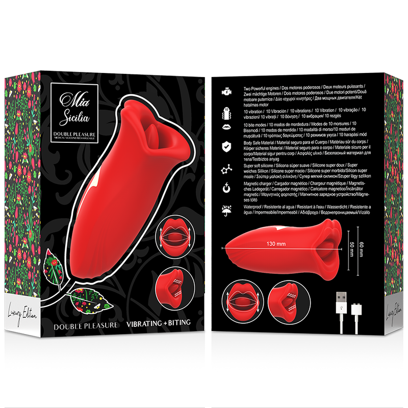 Emballage recto-verso du stimulateur Sicilia vibrating and biting, illustrant le sextoy en forme de bouche rouge avec descriptifs multilingues et cable, gamme double plaisir Mia.