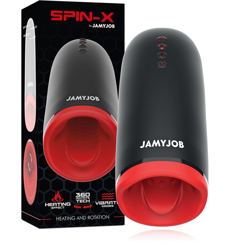 Masturbateur Spin-X JAMYJOB à côté de son emballage, mentions chauffant, rotation 360° et vibration