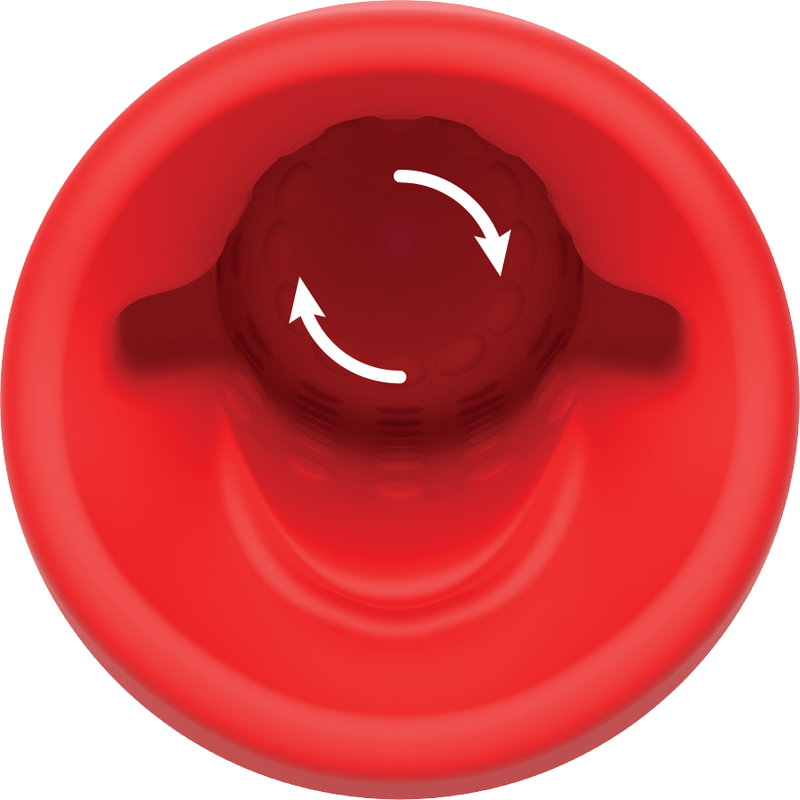 Gros plan sur l'embouchure rouge texturée du Spin-X avec flèches de rotation