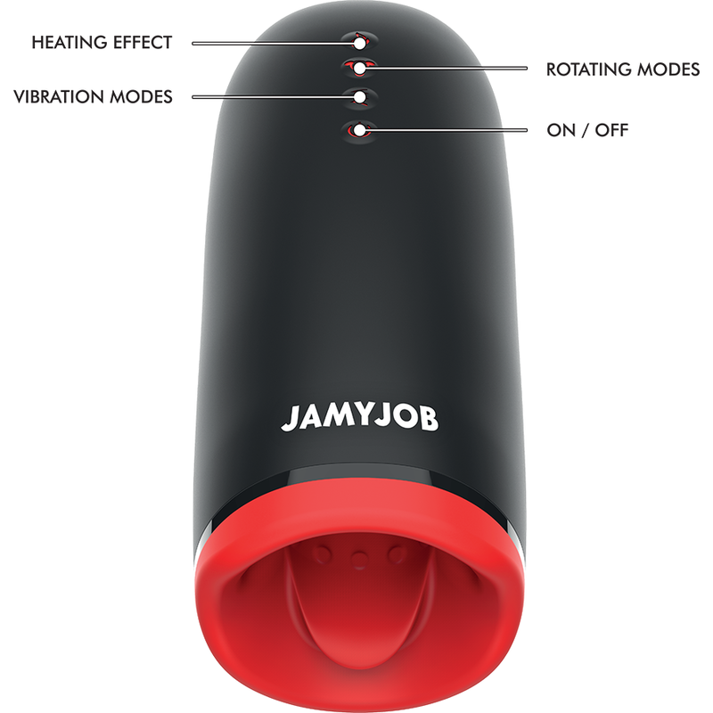 Spin-X vu de face avec légendes des boutons : chauffant, rotation, vibration, marche/arrêt