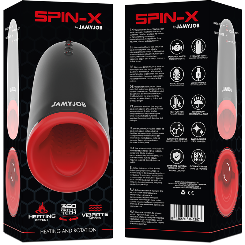 Emballage du Spin-X JAMYJOB, faces avant et arrière avec pictogrammes des caractéristiques