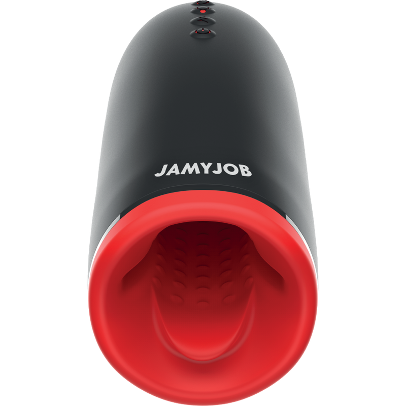 Masturbateur Spin-X JAMYJOB vu de face, boîtier noir et embouchure rouge