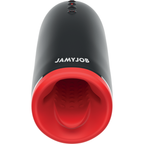 Masturbateur Spin-X JAMYJOB vu de face, boîtier noir et embouchure rouge