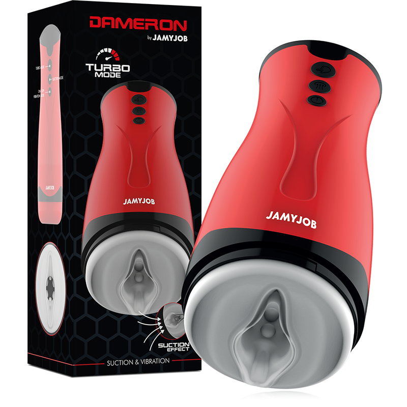 Masturbateur Dameron JAMYJOB rouge à côté de son emballage, mention Turbo Mode