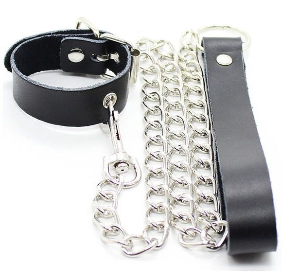 Collier pénis et bracelet en cuir avec chaîne métallique — vue principale