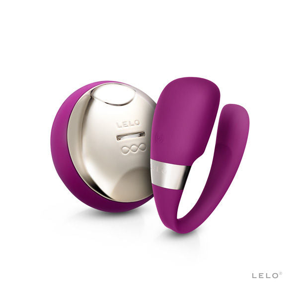 Stimulateur de couple Lelo Tiani 3 violet en U avec telecommande ronde doree, masseur a porter en silicone pilotable a distance sans anatomie.