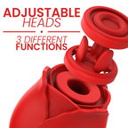 Demonstration des tetes interchangeables du stimulateur rose rouge, une tete a trois langues et une tete tapping s'adaptant sur la base d'aspiration en silicone body-safe.