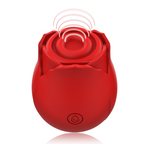 Stimulateur clitoridien aspiration en forme de rose rouge avec ondes d'aspiration illustrees au sommet, sextoy silicone body-safe agissant par ondes de pression sans contact.