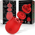 Stimulateur clitoridien par aspiration en forme de rose rouge avec ses deux tetes interchangeables et sa boite, gamme two extra heads en silicone body-safe a 10 modes d'aspiration.