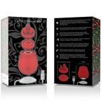 Emballage recto-verso du stimulateur rose two extra heads, illustrant le sextoy d'aspiration rouge et ses tetes interchangeables avec descriptifs, silicone body-safe a 10 modes.