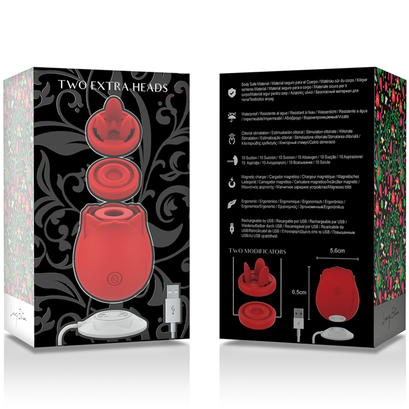 Emballage recto-verso du stimulateur rose two extra heads, illustrant le sextoy d'aspiration rouge et ses tetes interchangeables avec descriptifs, silicone body-safe a 10 modes.