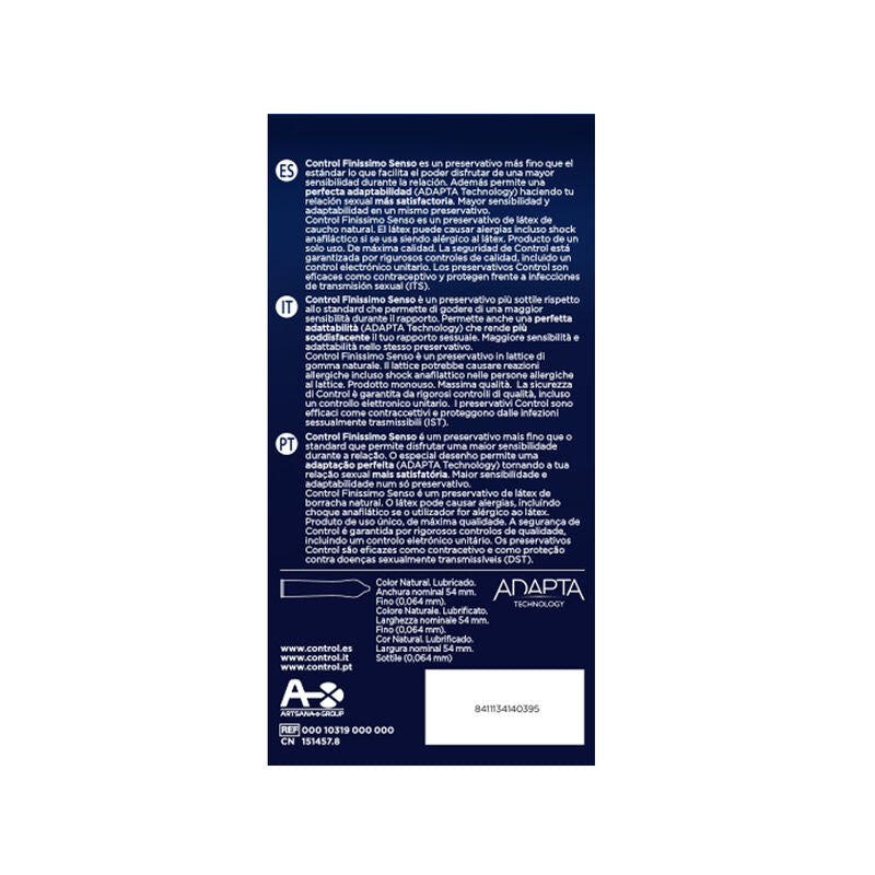 Panneau arriere Control Finissimo Senso preservatifs fins latex, descriptif produit multilingue, pictogrammes et code-barres sur fond bleu fonce.