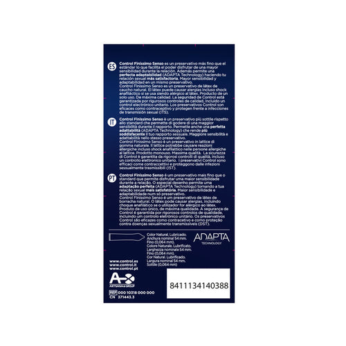 Dos de la boite Control Finissimo Senso preservatifs fins latex, notice multilingue, technologie Adapta, code-barres et certifications sur fond bleu.