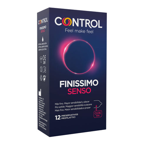 Boite de face Control Finissimo Senso, preservatifs fins en latex naturel forme ergonomique, lot de 12 unites, cercle lumineux rose et magenta sur bleu.