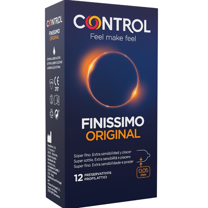 Boite foncee de face Control Finissimo Original, preservatifs ultra fins latex naturel forme ergonomique avec reservoir lubrifies, boite de 12 pour sensibilite extreme.