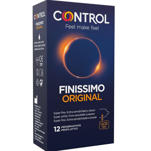 Boite foncee de face Control Finissimo Original, preservatifs ultra fins latex naturel forme ergonomique avec reservoir lubrifies, boite de 12 pour sensibilite extreme.