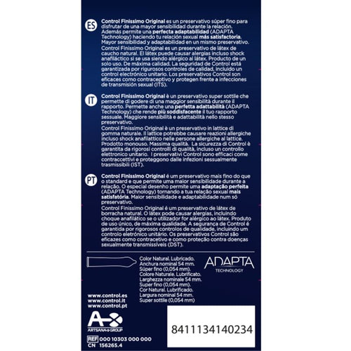 Dos de boite Control Finissimo Original avec notice multilingue et code-barres, preservatifs ultra fins latex naturel forme Adapta lubrifies, boite de 12.