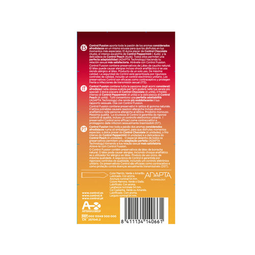 Dos de boite Control Fussion avec notice multilingue et code-barres, preservatifs aromatises latex naturel trio de saveurs, forme Adapta lubrifies.