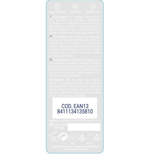 Dos de l'etiquette Control Thai Passion avec notice multilingue et code EAN 8411134135810, gel de massage 2 en 1 hydratant sans paraben de 200 ml.