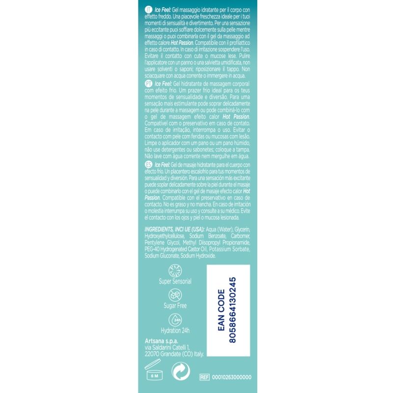 Dos du flacon Control Ice Feel 3 en 1 avec notice multilingue et code EAN, gel lubrifiant effet refroidissant base eau 200 ml hydratant sans sucres ajoutes.
