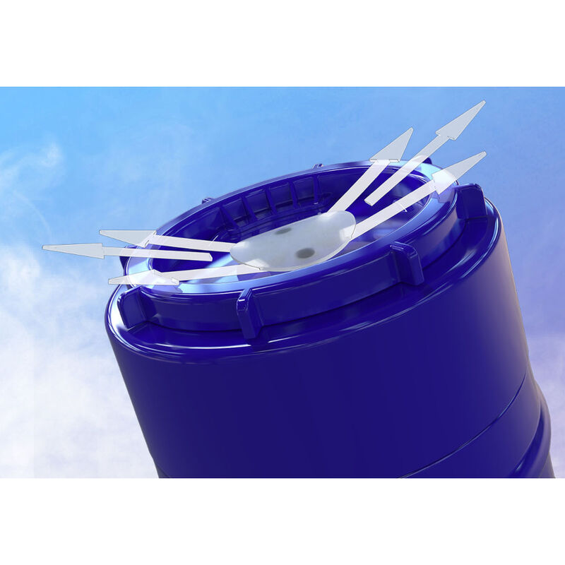 Detail des anneaux flottants Turbo Tech du masturbateur Fleshlight Boost en boitier bleu, vue plongeante sur la mecanique interne d'aspiration sur fond ciel.
