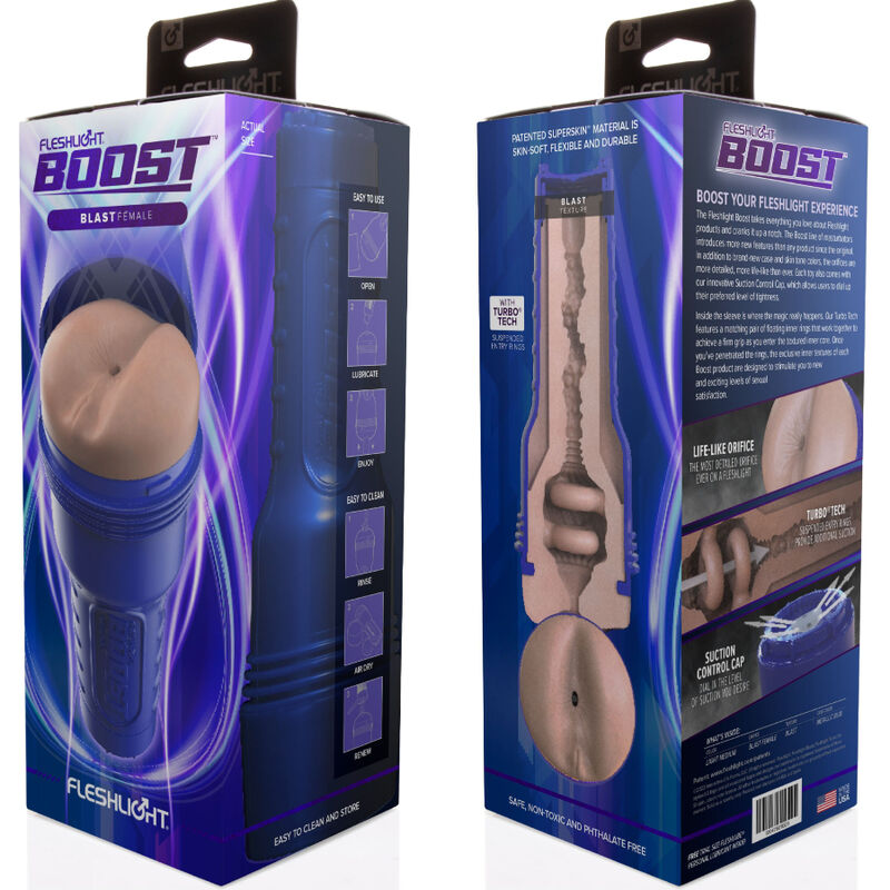 Boite du masturbateur Fleshlight Boost face et dos, illustrant l'orifice realiste en Superskin et la coupe interne a anneaux Turbo Tech du modele.