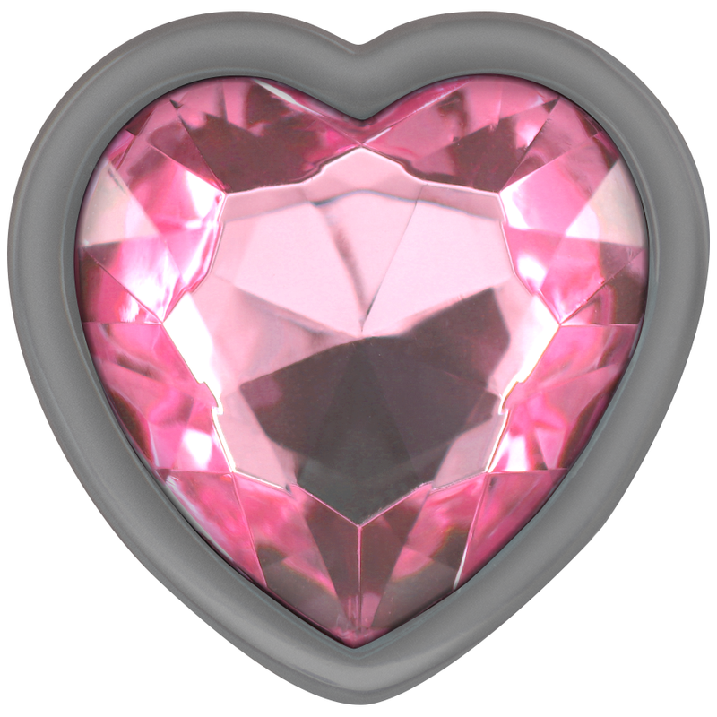Gros plan de la base coeur du plug bijou Intense, grande pierre rose facettee taille diamant cerclee de gris, detail tendre et raffine sur fond blanc