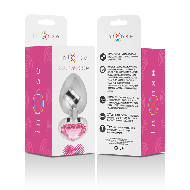 Boite rose Intense Anal Plug Size M montrant le plug bijou metal a pierre rose en base coeur, recto verso avec pictogrammes materiau et entretien