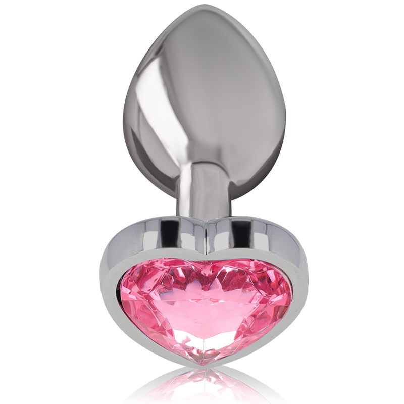 Plug anal bijou en metal chrome Intense de profil, embout conique lisse et base coeur ornee d'une grande pierre rose facettee, finition poli miroir