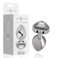 Boite Intense Anal Plug Size M et le plug bijou metal a pierre transparente, embout conique lisse et base coeur sertie, presentes ensemble sur fond clair