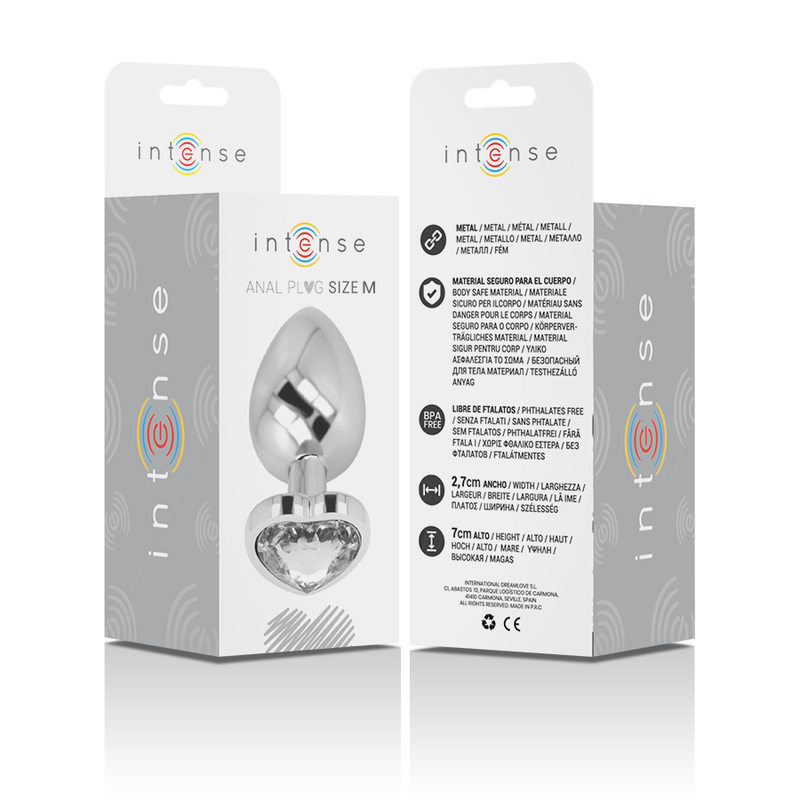 Boite Intense Anal Plug Size M presentant le plug bijou metal a base coeur transparente, recto verso avec pictogrammes materiau et dimensions sur fond clair