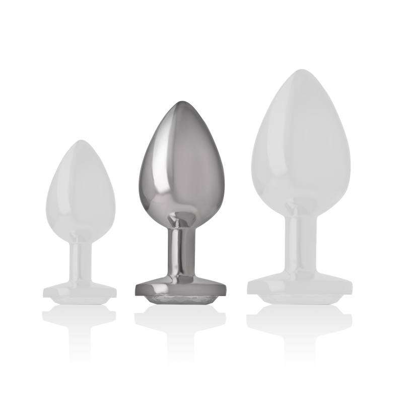 Trois plugs anaux bijou Intense classes par taille, embouts metal chrome lisses et bases serties transparentes, comparatif de gabarit sur fond blanc