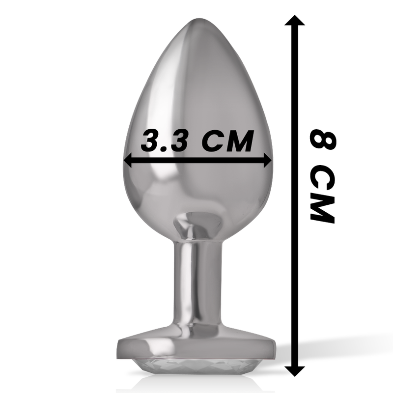Plug anal bijou en metal Intense avec cotes 3,3 cm de diametre et 8 cm de hauteur, embout conique lisse et base coeur a pierre transparente facettee
