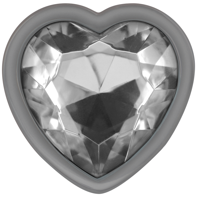 Gros plan de la base coeur du plug bijou Intense, grande pierre transparente facettee a multiples reflets cerclee de gris, detail elegant sur fond blanc