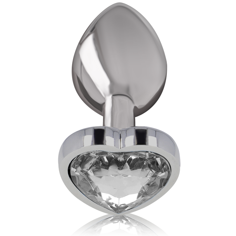 Plug anal bijou en metal chrome Intense de profil, embout conique lisse et large base coeur ornee d'une pierre transparente facettee, finition miroir