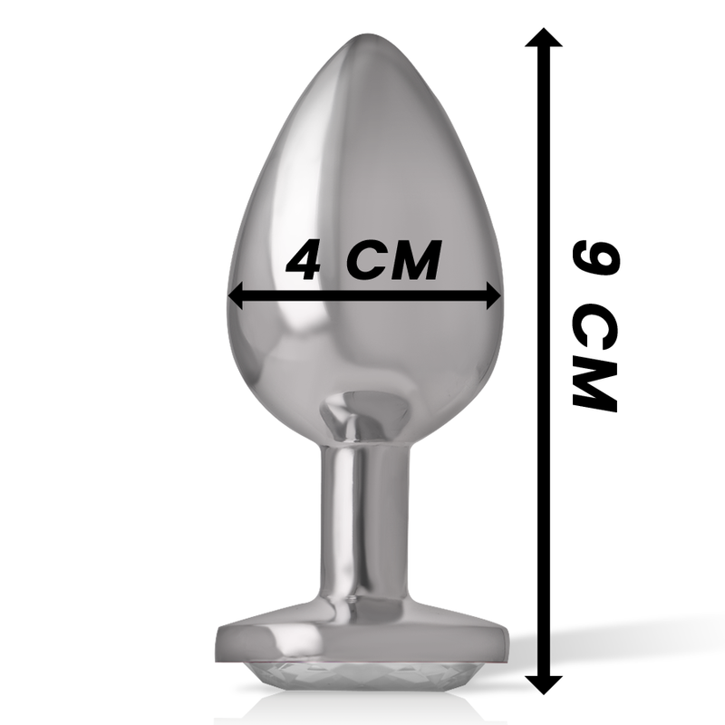 Plug anal bijou en metal Intense avec cotes 4 cm de diametre et 9 cm de hauteur, embout conique lisse et base coeur a pierre transparente facettee