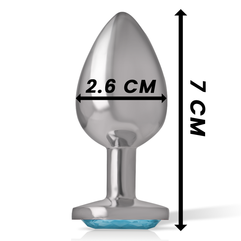 Plug anal bijou en metal Intense cote 2,6 cm de diametre et 7 cm de hauteur, embout conique lisse et base coeur ornee d'une pierre bleu ciel facettee