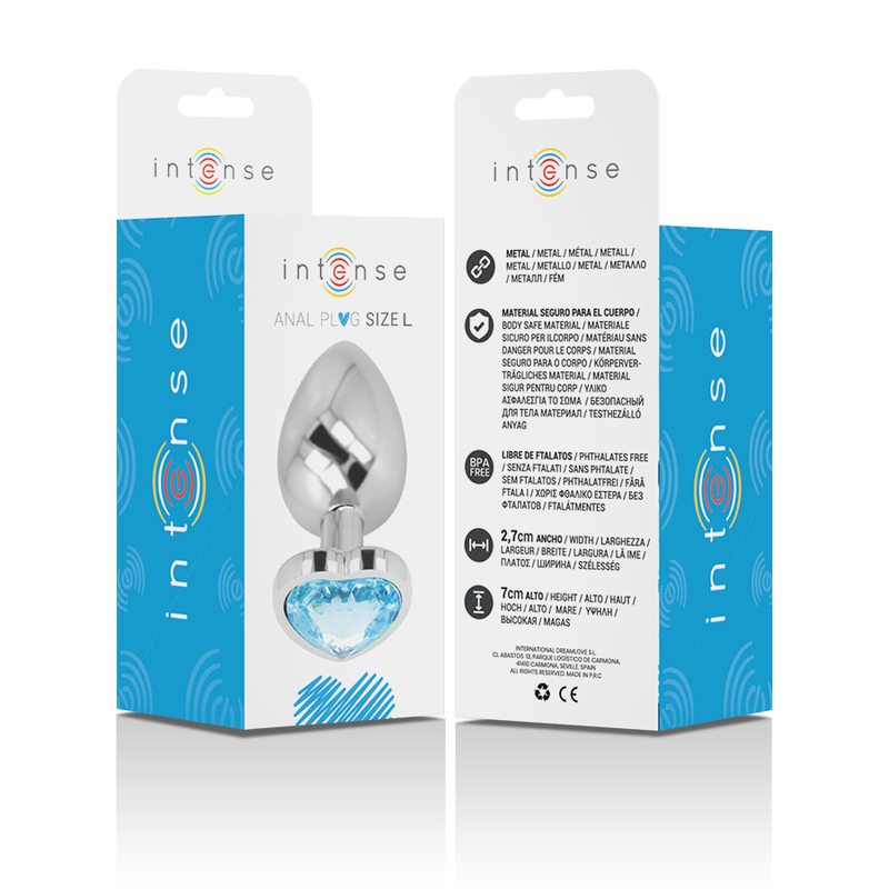 Boite bleue Intense Anal Plug Size L presentant le plug bijou metal a base coeur, recto verso avec pictogrammes materiau et dimensions sur fond clair