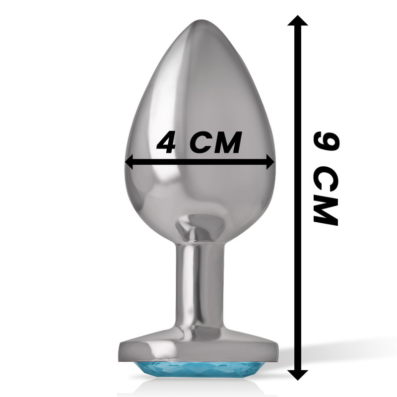 Plug anal bijou en metal Intense cote 4 cm de diametre et 9 cm de hauteur, embout conique lisse et base coeur a pierre bleu ciel facettee