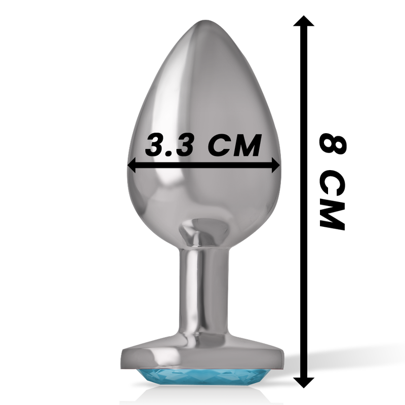 Plug anal bijou en metal Intense cote 3,3 cm de diametre et 8 cm de hauteur, embout conique lisse et base coeur a pierre bleu ciel facettee