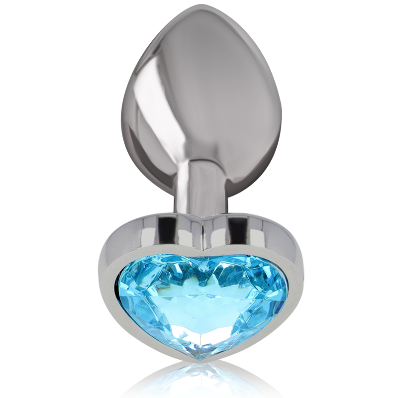 Plug anal bijou en metal chrome Intense de profil, embout conique lisse et large base coeur ornee d'une pierre bleu ciel facettee, finition miroir