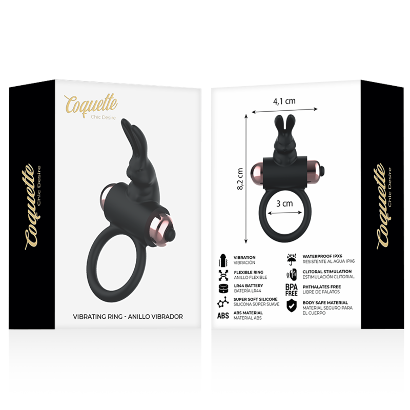 Coffret du cockring vibrant lapin Coquette, boîte avant et dos technique avec cotes 4,1 x 8,2 cm, anneau silicone noir à bullet doré rosé étanche et rechargeable.