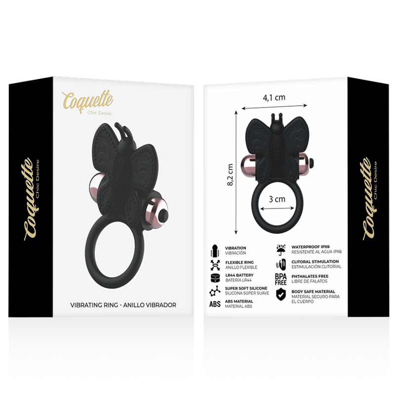 Coffret du cockring papillon Coquette, boîte avant et dos technique avec cotes 4,1 x 8,2 cm, anneau silicone noir à ailes texturées et bullets dorés rosés étanche.