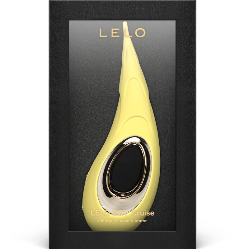Boite du DOT Cruise de Lelo presentant le stimulateur clitoridien jaune en forme de goutte, vibromasseur de precision a technologie Cruise Control etanche a 8 modes