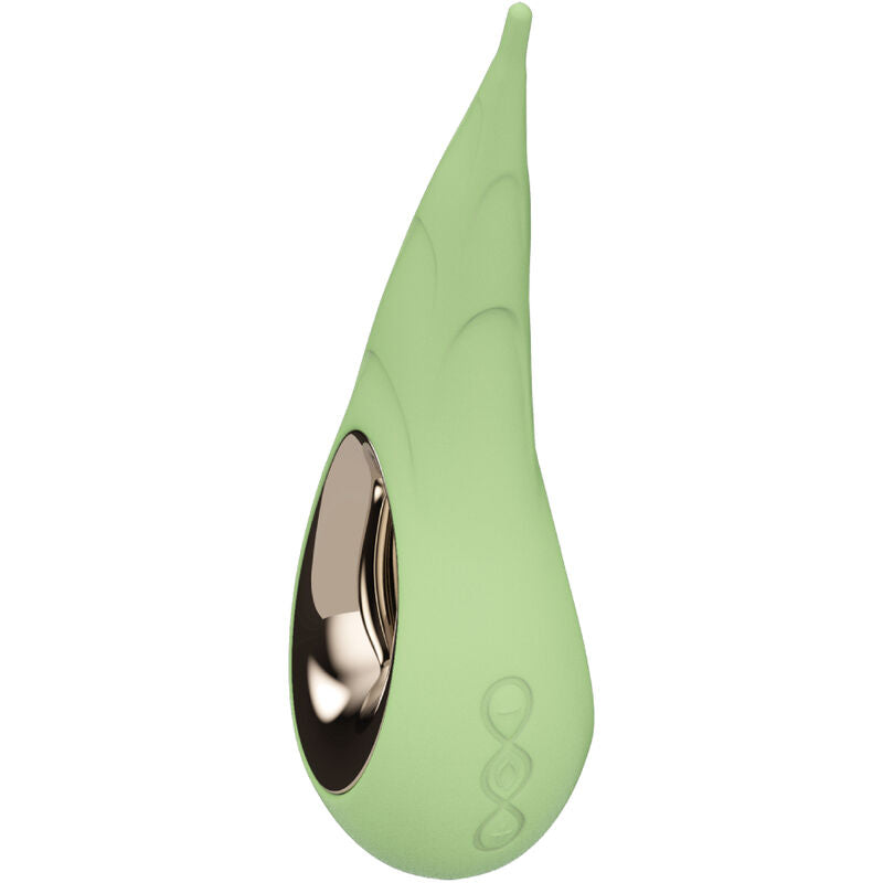 Stimulateur clitoridien DOT Cruise de Lelo vert pastel vu en angle, forme goutte a pointe fine et fenetre doree, sextoy de precision etanche rechargeable a 8 modes