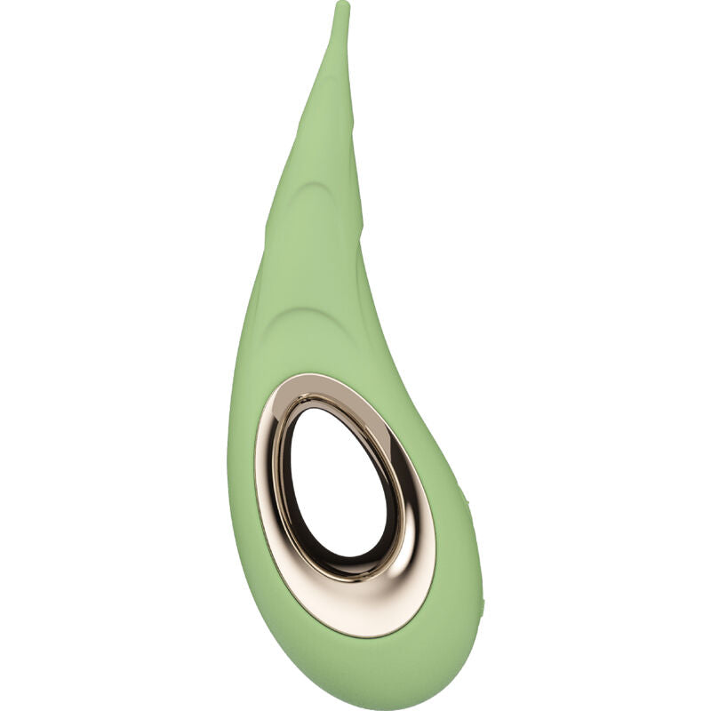 Stimulateur DOT Cruise de Lelo vert pastel vu de profil, pointe effilee et anneau dore lateral, vibromasseur clitoridien de precision Infinite Loop etanche a 8 modes