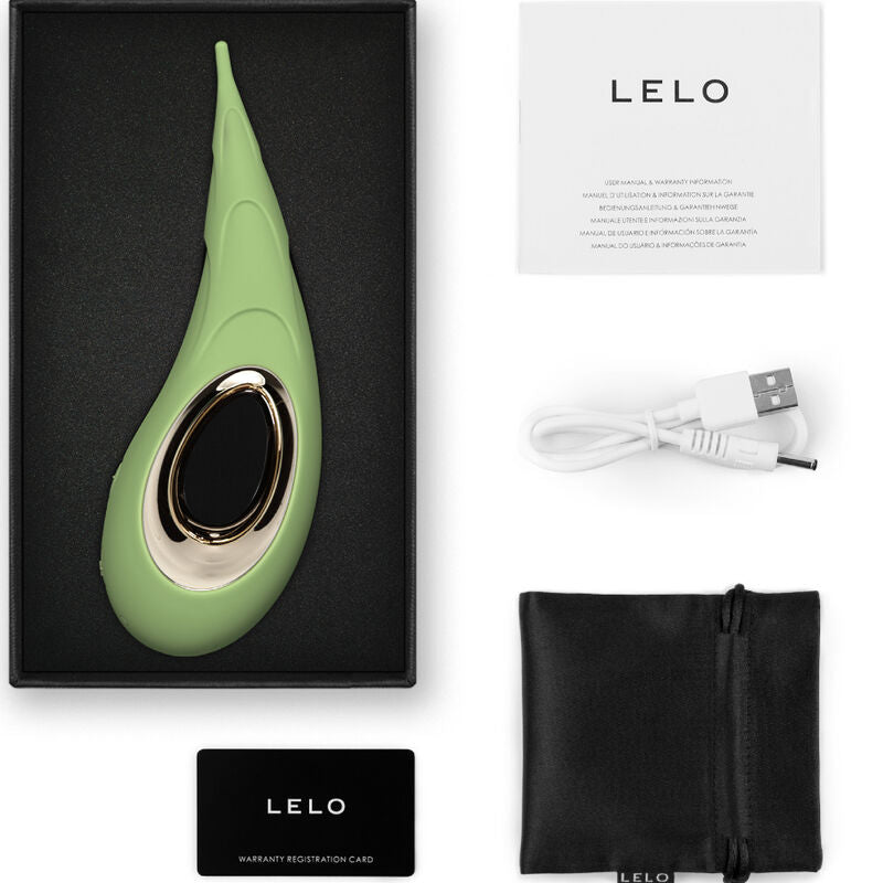 Stimulateur DOT Cruise vert pastel de Lelo dans son ecrin avec notice, cable USB et pochette, vibromasseur clitoridien de precision en silicone etanche a 8 modes