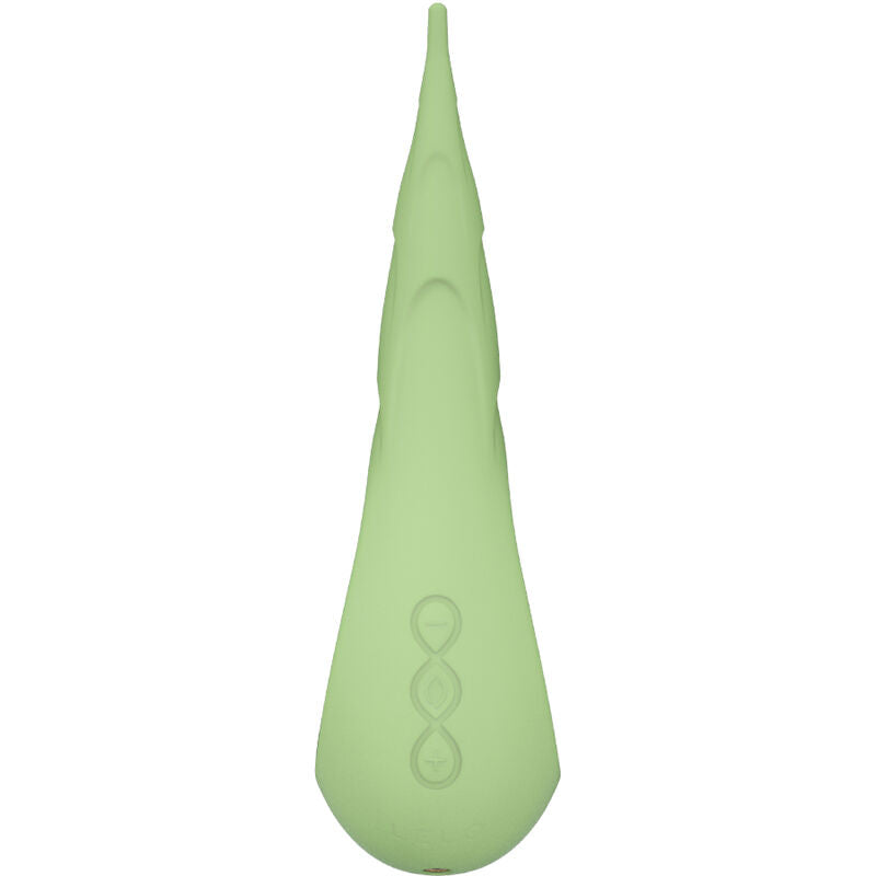 Stimulateur DOT de Lelo vert pastel vu de dos, forme goutte lisse a pointe effilee et base texturee, vibromasseur clitoridien de precision etanche rechargeable a 8 modes