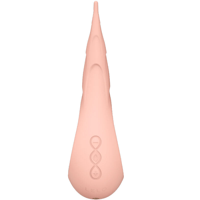 Stimulateur DOT de Lelo rose poudre vu de dos, forme goutte lisse a pointe fine et base texturee, vibromasseur clitoridien de precision etanche rechargeable a 8 modes